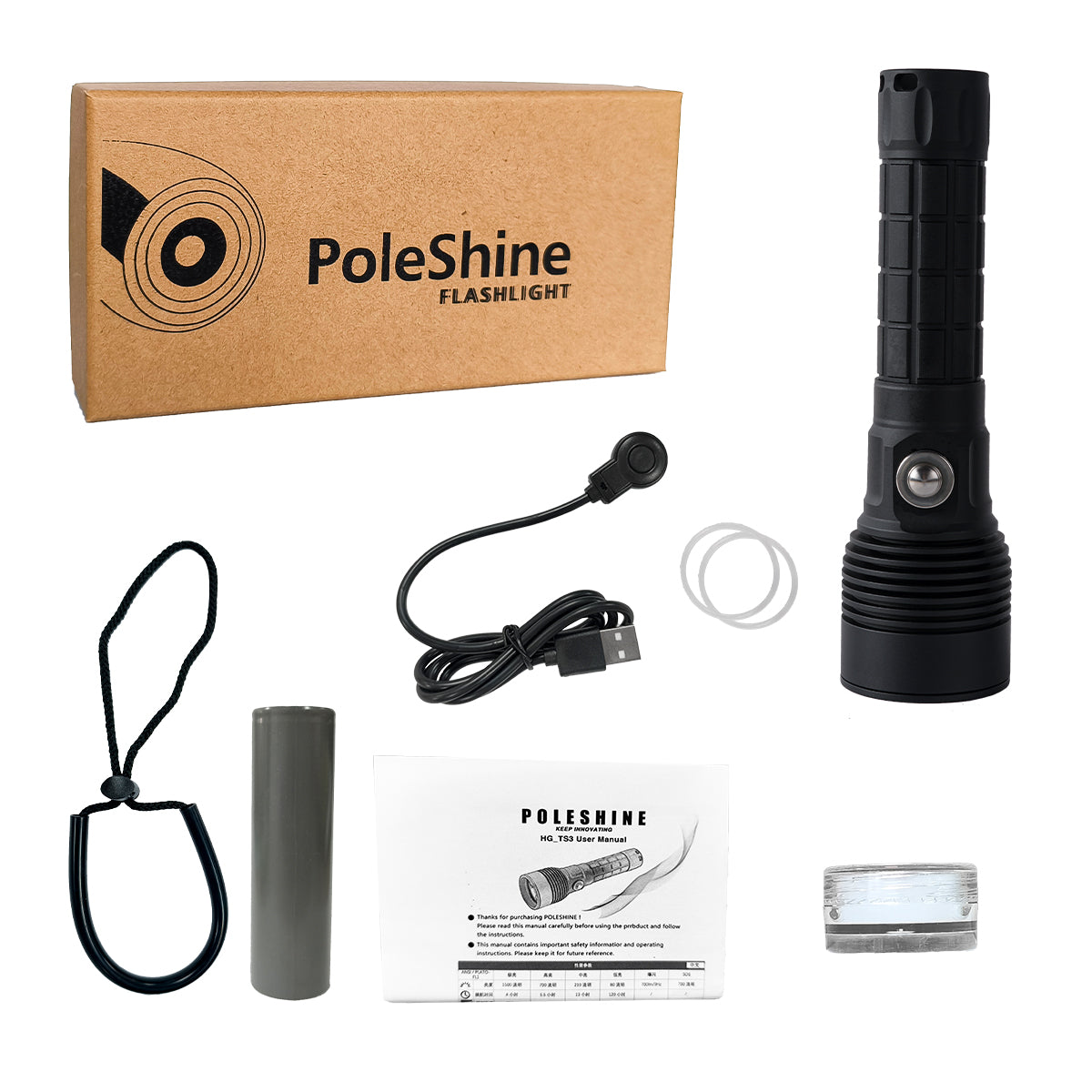 PoleShine Tactical Dive Flashlight - 1500 Lumens | 6 Modes | IPX8 waterproof | Rechargeable | 4800mAh Battery | Tactical Strobe + SOS |TS3
