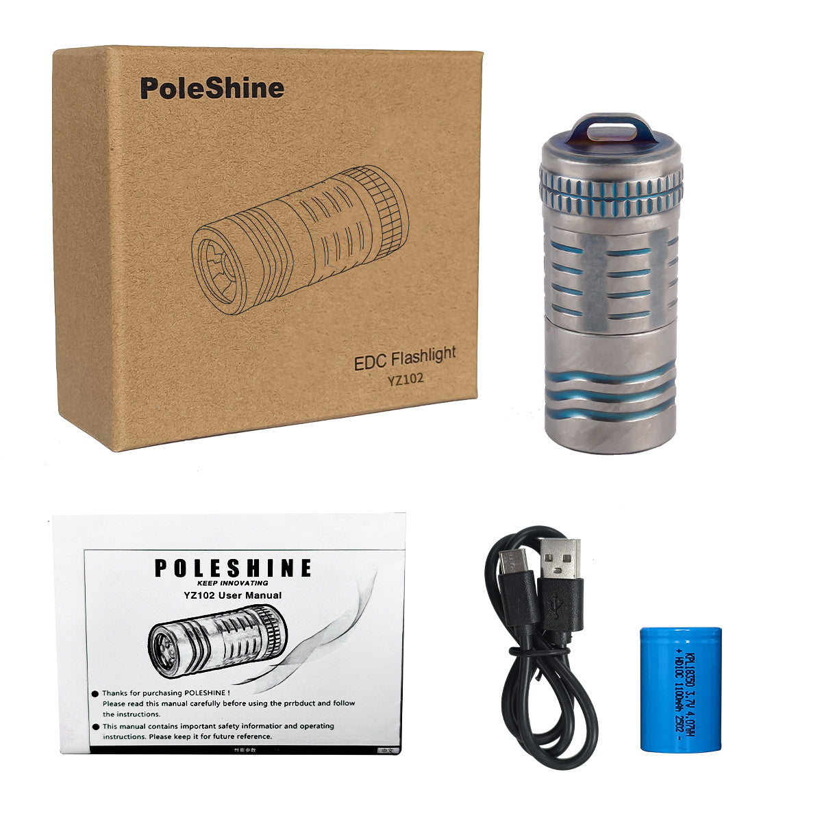 PoleShine EDC Flashlight - 180 Lumens|3-Mode|Rechargeable|Titanium alloy |Ultra-Light | IPX6 Waterproof | YZ102
