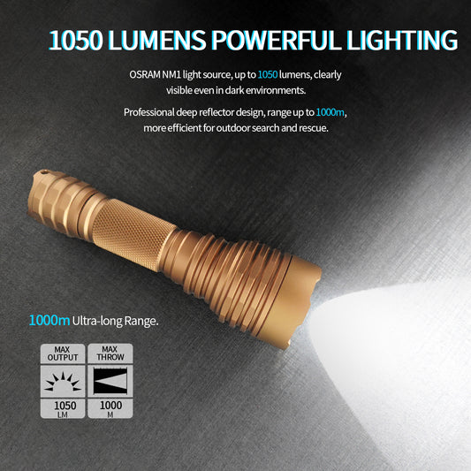 PoleShine Tactical Flashlight - 1050 Lumens | 1000m Range | 5 Modes | Strobe + SOS | Rechargeable | Waterproof |C8SG