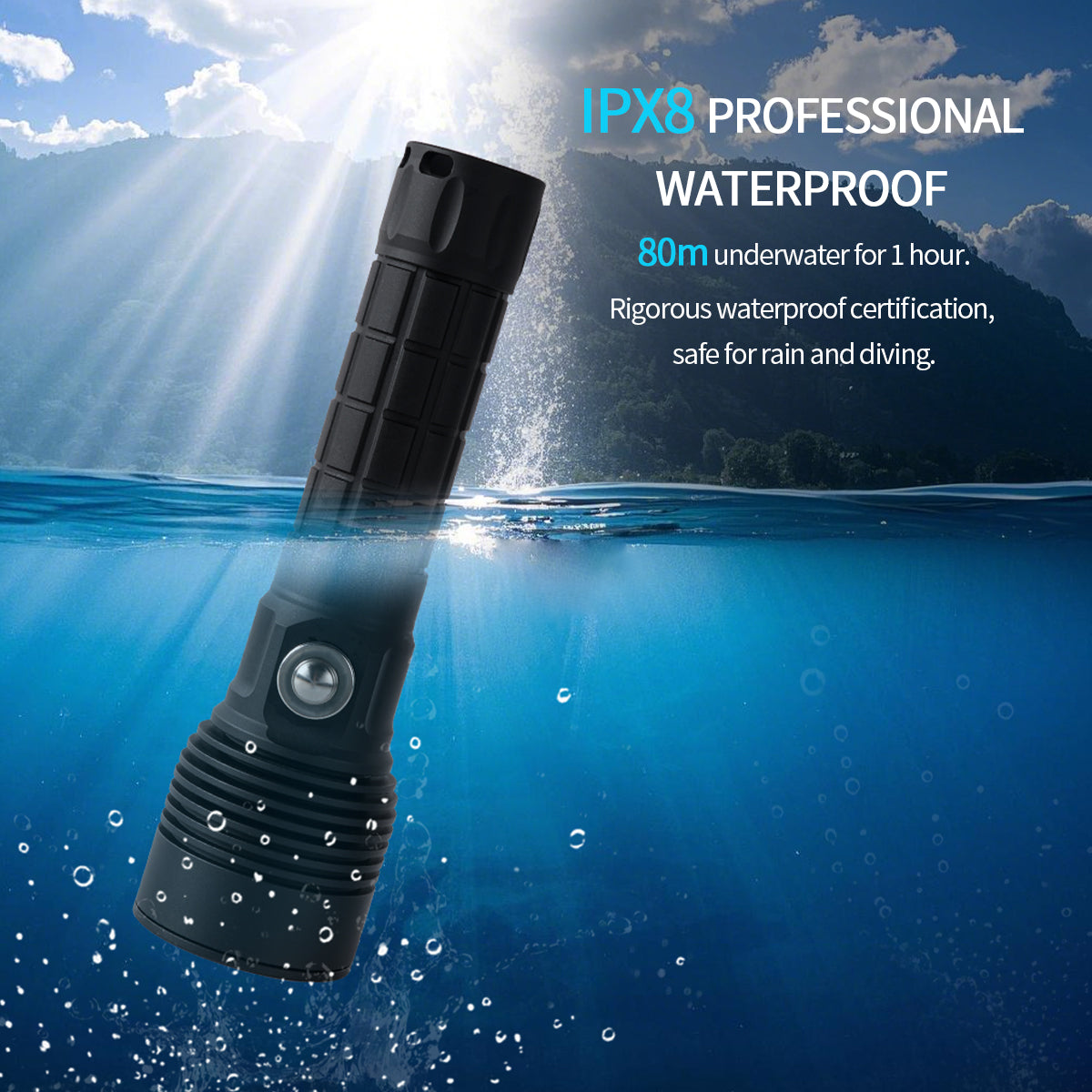 PoleShine Tactical Dive Flashlight - 1500 Lumens | 6 Modes | IPX8 waterproof | Rechargeable | 4800mAh Battery | Tactical Strobe + SOS |TS3