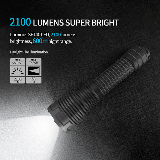 ‎PoleShine Tactical Flashlight - 2100 Lumens | 600m Beam | 4 Modes | Strobe | Rechargeable | 4800 mAh Battery | Waterproof | C8S-M