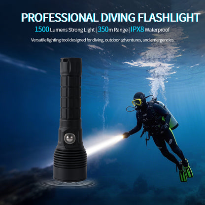 ‎PoleShine Tactical Dive Flashlight - 1500 Lumens | 6 Modes | IPX8 waterproof | Rechargeable | 4800mAh Battery  | Tactical Strobe + SOS |TS3
