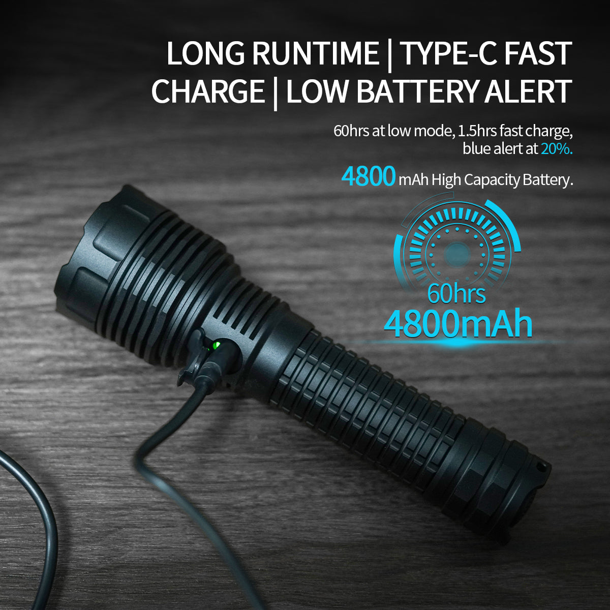 ‎PoleShine Tactical Flashlight - 2100 Lumens | 600m Beam | 4 Modes | Strobe | Rechargeable | 4800 mAh Battery | Waterproof | C8S-M