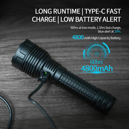 ‎PoleShine Tactical Flashlight - 2100 Lumens | 600m Beam | 4 Modes | Strobe | Rechargeable | 4800 mAh Battery | Waterproof | C8S-M