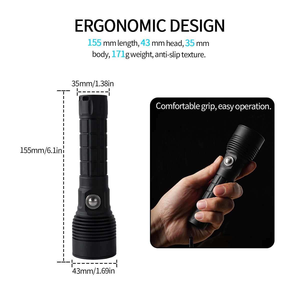 ‎PoleShine Tactical Dive Flashlight - 1500 Lumens | 6 Modes | IPX8 waterproof | Rechargeable | 4800mAh Battery  | Tactical Strobe + SOS |TS3